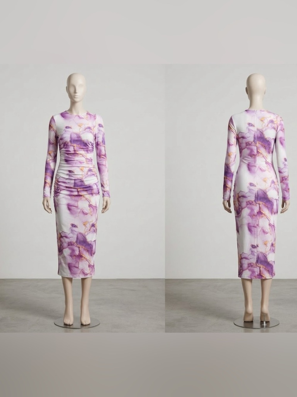 Long Sleeve Ruched Midi Dress in Purple Floral-New without tags